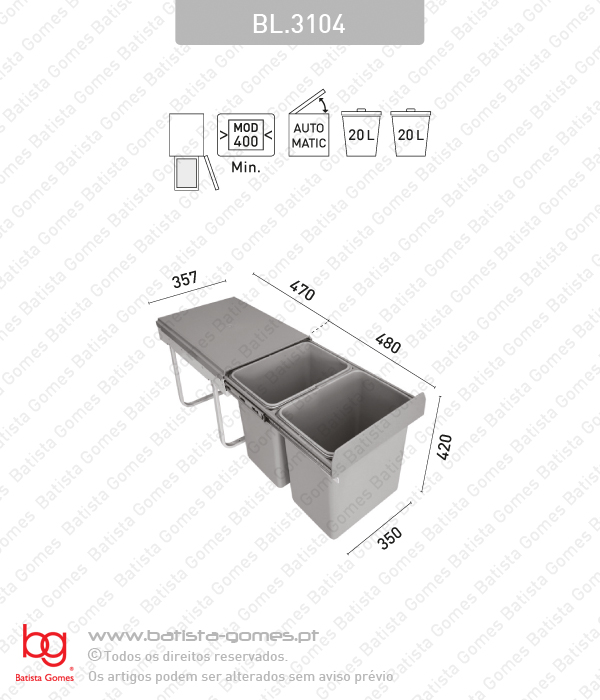 Balde para lixo extra�vel - Porta lateral - M�d. 400 - Autom�tico - 40L